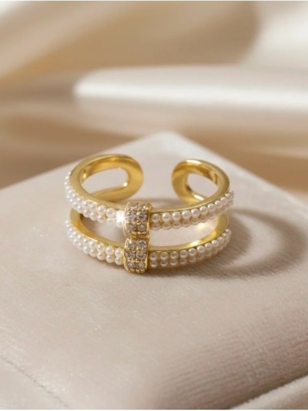 Gold Pearl Double-Band Ring with Cubic Zirconia Accent